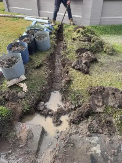 The old stormwater line dug out across the front lawn, ready for the upgrade to steel pipe