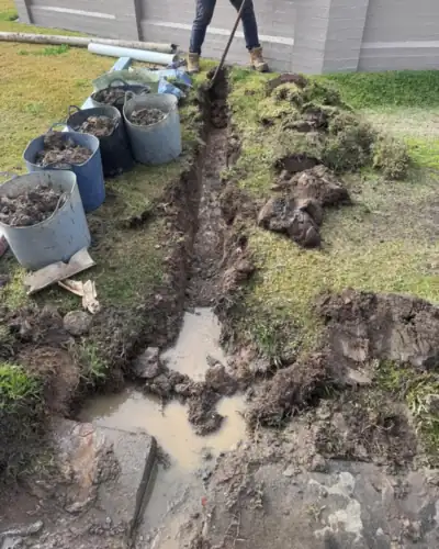 The old stormwater line dug out across the front lawn, ready for the upgrade to steel pipe