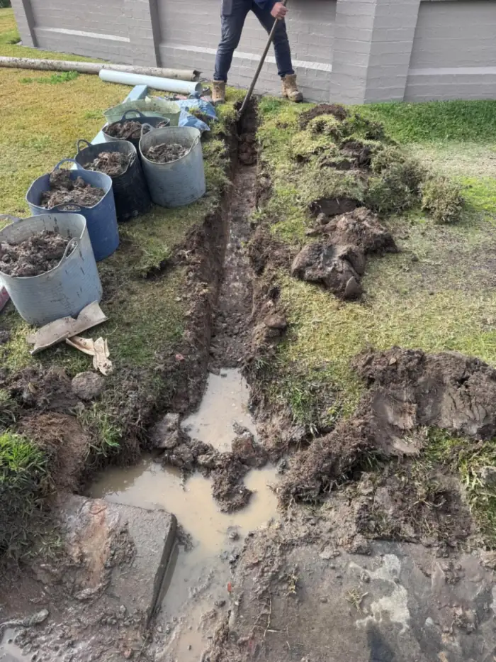 The old stormwater line dug out across the front lawn, ready for the upgrade to steel pipe